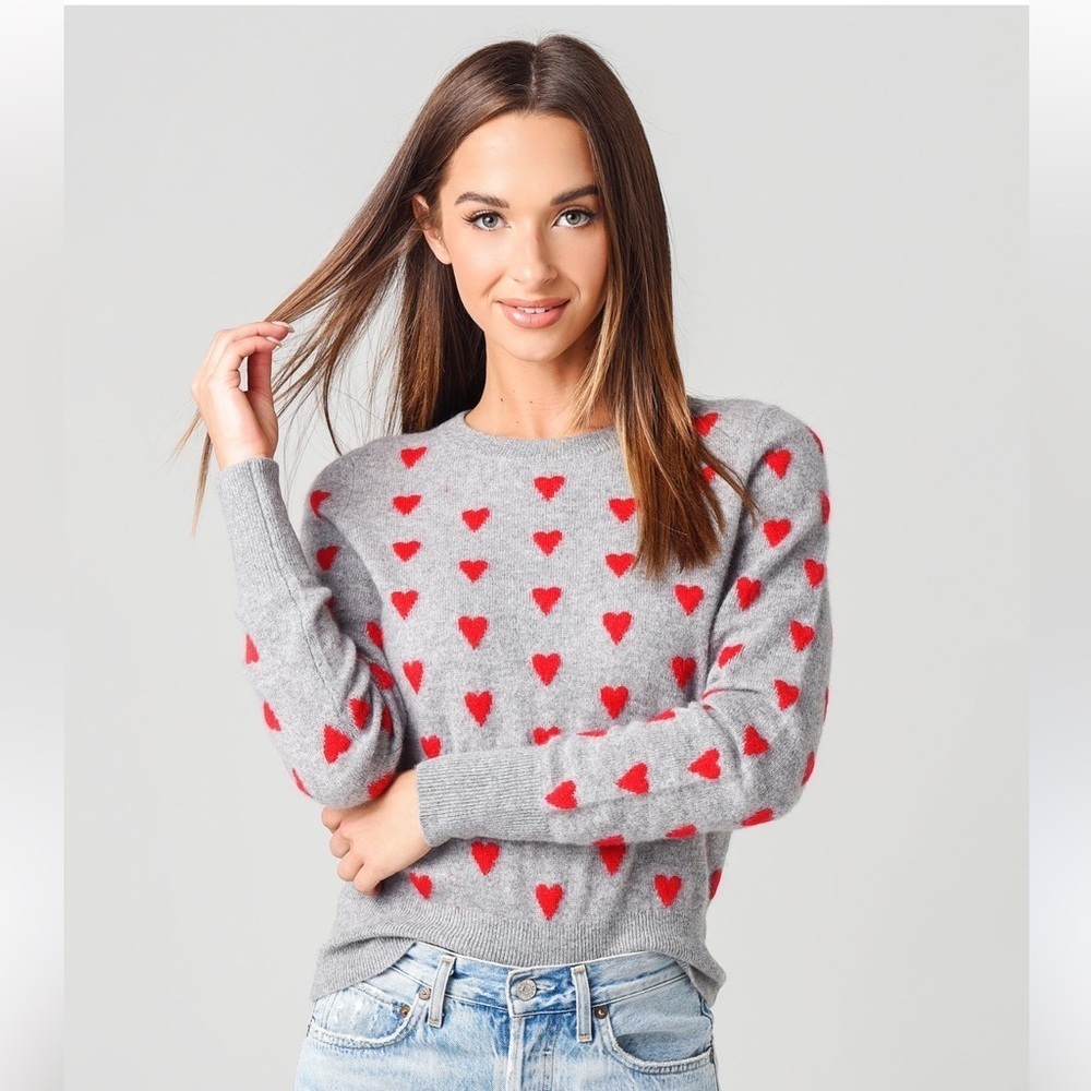 White + Warren Women’s Gray Red Heart Cashmere Crewneck Sweater Size Small